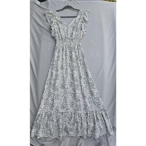 Express Dress Womens XS White Dalmatian Smocked Maxi Flutter Sleeve V Neck